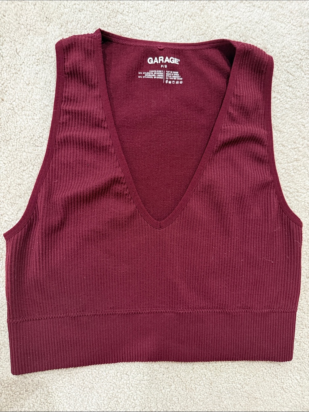 Garage Ribbed V-Neck Crop Tank in Deep Wine
